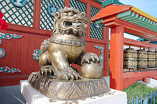 青铜,狮子,靠近,入口,佛教寺庙,俄罗斯,欧洲