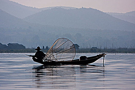 缅甸,茵莱湖,捕鱼者,传统,锥形,网,安静,看,鱼,水