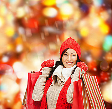 零售,销售,概念,高兴,女人,冬天,衣服,购物袋