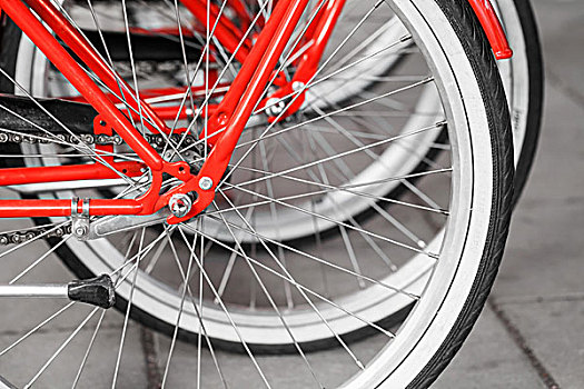 停放,红色,街道,自行车,待租,后面,轮子,碎片,聚焦,浅