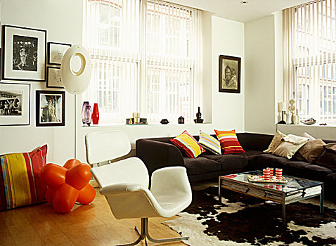 折衷,起居室,木地板,黑色,组合沙发,现代,扶手椅,彩色,垫子,动物皮,地毯