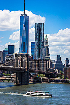 游船,东河,布鲁克林大桥,曼哈顿,天际线,一个,世贸中心,纽约,美国