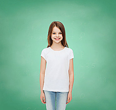 广告,学校,教育,孩子,人,微笑,小女孩,白色,留白,t恤,上方,绿色,棋盘,背景