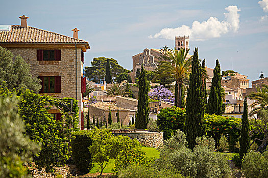 俯视图,教堂塔,乡村,马略卡岛,西班牙