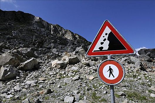 警告标识,流石,途中,冰河,瑞士,欧洲