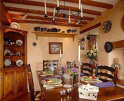 木桌子,餐饭,黄色,乡村风格,餐厅