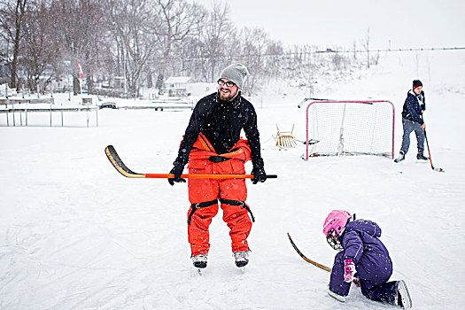 父亲,女儿,玩,冰球,冬天,风景