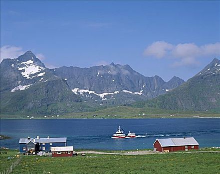 农舍,海洋,山峦,罗浮敦群岛,挪威