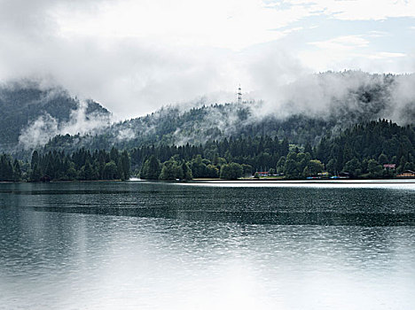 雾,上方,山峦,安静,湖