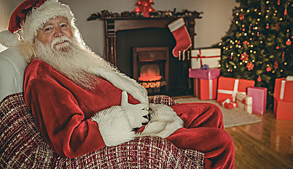 微笑,圣诞老人,坐,拿着,腹部,在家,客厅