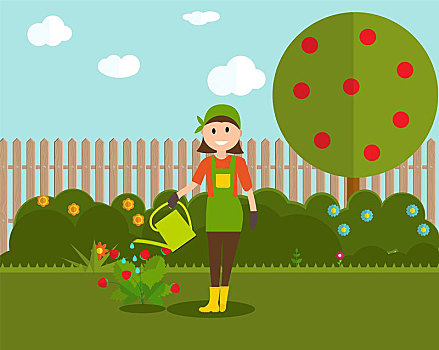 农民,园丁,女人,洒水壶,草莓,灌木,现代,公寓,风格,矢量,插画
