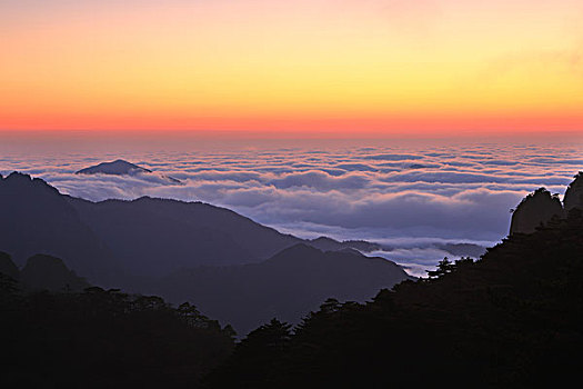 夕阳下的黄山西海大峡谷云海