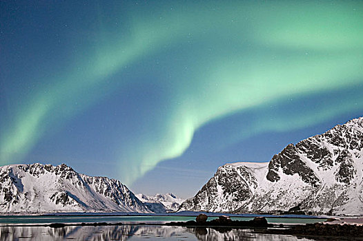 北极光,风景,岛屿,远眺,峡湾,罗浮敦群岛,挪威北部,挪威,欧洲