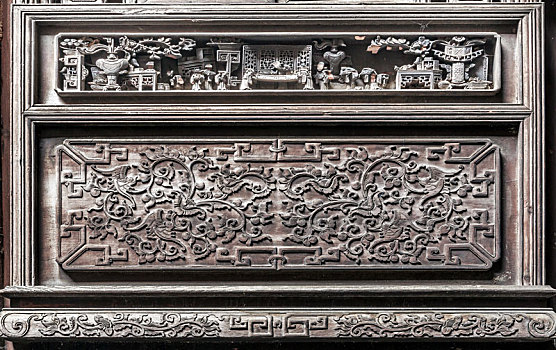 中式实木雕花美人靠门窗,安徽省黟县卢村木雕楼景区古民居