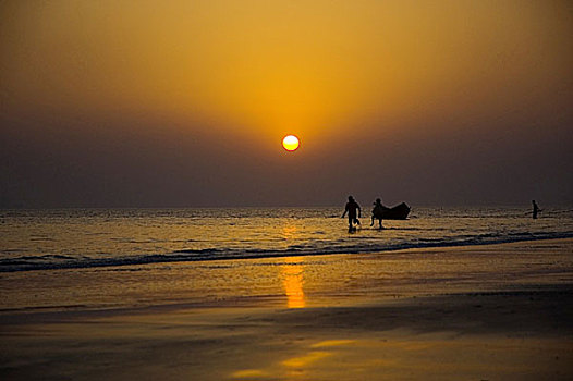渔民,拉拽,渔船,岸边,海滩,孟加拉,女儿,海洋,一个,自然,斑点,全景,上升,夕阳