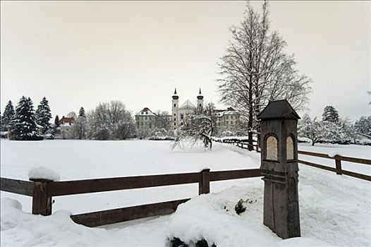神祠,正面,寺院,冬天,科赫尔湖,巴伐利亚,德国