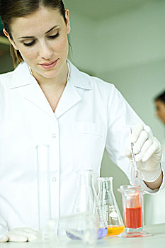 女性,科学家,工作,多样,溶液,实验室器皿