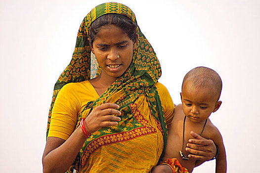 母亲,孩子,达卡,孟加拉,五月,2006年