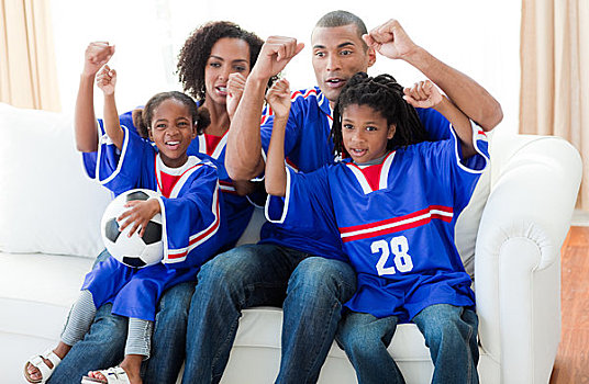 兴奋,美国黑人,家庭,看,足球赛