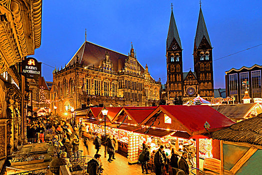 圣诞市场,市政厅,广场,大教堂,暮光,不莱梅,德国,欧洲