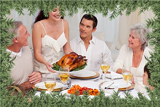女人,展示,火鸡,家庭,圣诞晚餐