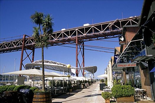 码头,河边,仓库,港口,建筑,现代,餐馆,背影,吊桥,里斯本,葡萄牙,欧洲