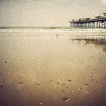 湿,沙滩,潮汐,码头,反射,展示,沙子,安静,海洋,图像,悲伤,德文郡,英国