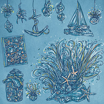 绘画,海洋,物体,渔民,海星,壳