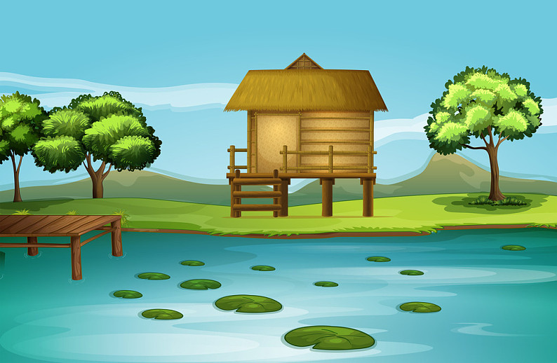小屋_河岸_插画_高清图片_全景视觉
