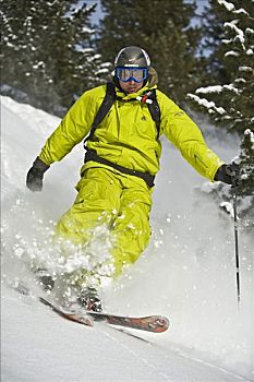 厚雪,滑雪者,自由滑行者,树林,阿尔卑斯山,提洛尔,奥地利,欧洲