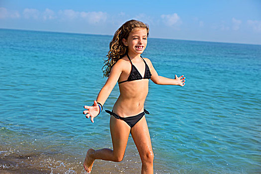 蓝色,海滩,儿童,女孩,比基尼,跳跃,跑