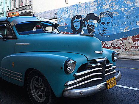 美洲,旧式,汽车,古巴,出租车,驾驶,墙壁,格瓦拉,哈瓦那,拉丁美洲