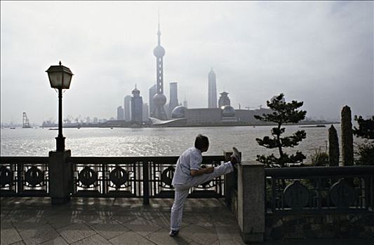 中国,上海,男人,早晨,体育馆,训练,外滩,背景,现代,浦东