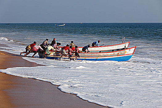 捕鱼者,推,捕鱼,船,海洋,海滩,海岸,喀拉拉,印度,亚洲