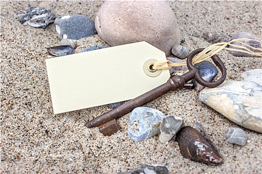老,钥匙,吊坠,石头,壳,海滩,沙子