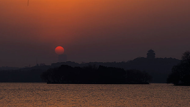杭州西湖清晨日出风光美景