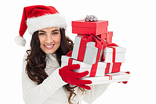 喜庆,黑发,圣诞帽,拿着,堆,礼物