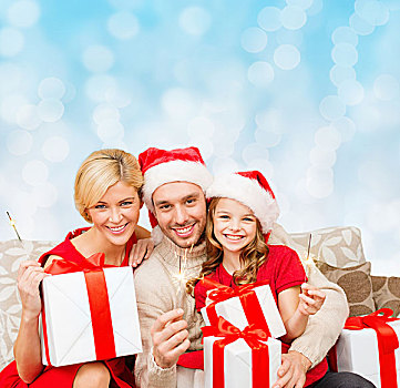 圣诞节,休假,家庭,人,概念,高兴,母亲,父亲,小女孩,圣诞老人,帽子,礼盒,闪闪发光,上方,蓝色,背景