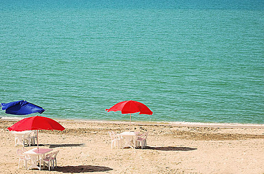 三个,桌子,伞,夏天,海滩