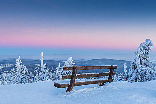 积雪,冬季风景,长椅,黎明,格罗塞尔,法兰克福,黑森州,德国