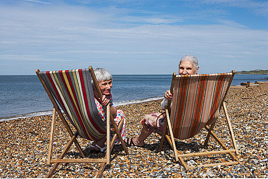 女人,坐,沙滩椅