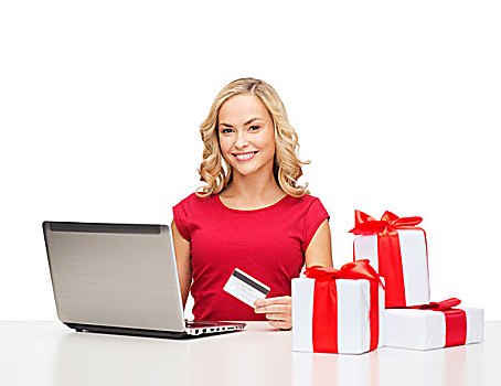圣诞节,圣诞,网上购物,概念,女人,礼盒,笔记本电脑,信用卡