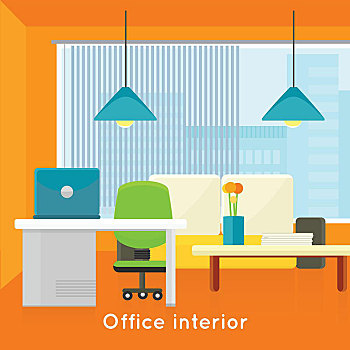 办公室,概念,矢量,公寓,设计,风格,鲜明,现代,家具,工作场所,市景,窗户,舒适,地点,工作,插画,商务