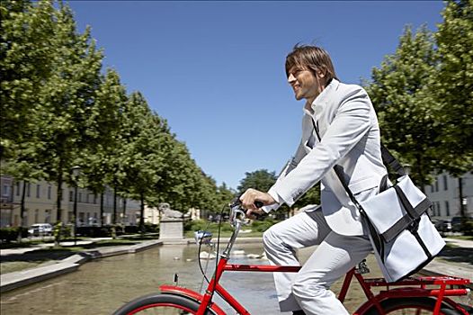 男人,骑自行车,包,城市