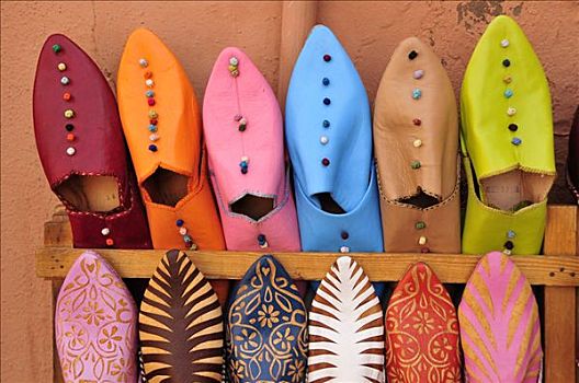 特色,摩洛哥,皮革,拖鞋,鞋店,露天市场,市场,马拉喀什,非洲
