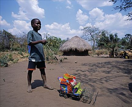 赞比亚,男孩,展示,布,设计,部族,纺织品,玩具车