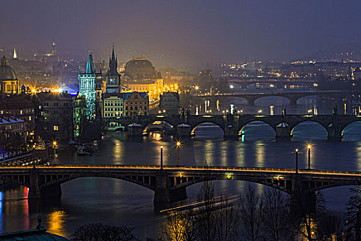 夜景,桥,布拉格,捷克共和国