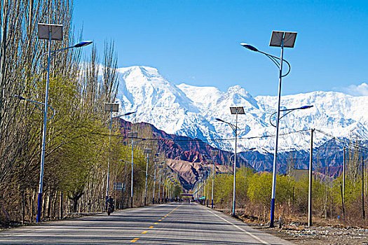 新疆,雪山,红山石,蓝天,公路,树木