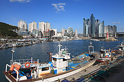 韩国,釜山,天际线,港口,渔船