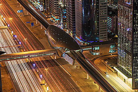 俯拍,城市,公路,迪拜,地铁,火车站,夜晚,市区,阿联酋